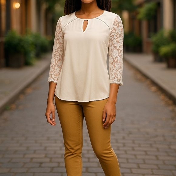 Express- Cream Colored Top, Lace Shoulders, Arms & Trim. 3/4 Sleeves, Size M - Picture 2 of 14